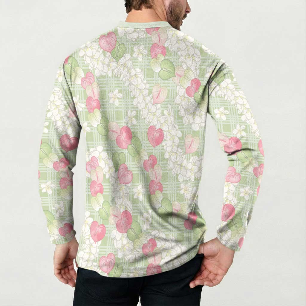 Anthurium Plumeria Lei Pastel Button Sweatshirt Green Hawaiian Splendid Palaka LT01 - Polynesian Pride