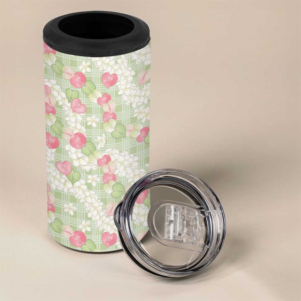 Anthurium Plumeria Lei Pastel 4 in 1 Can Cooler Tumbler Green Hawaiian Splendid Palaka LT01 - Polynesian Pride
