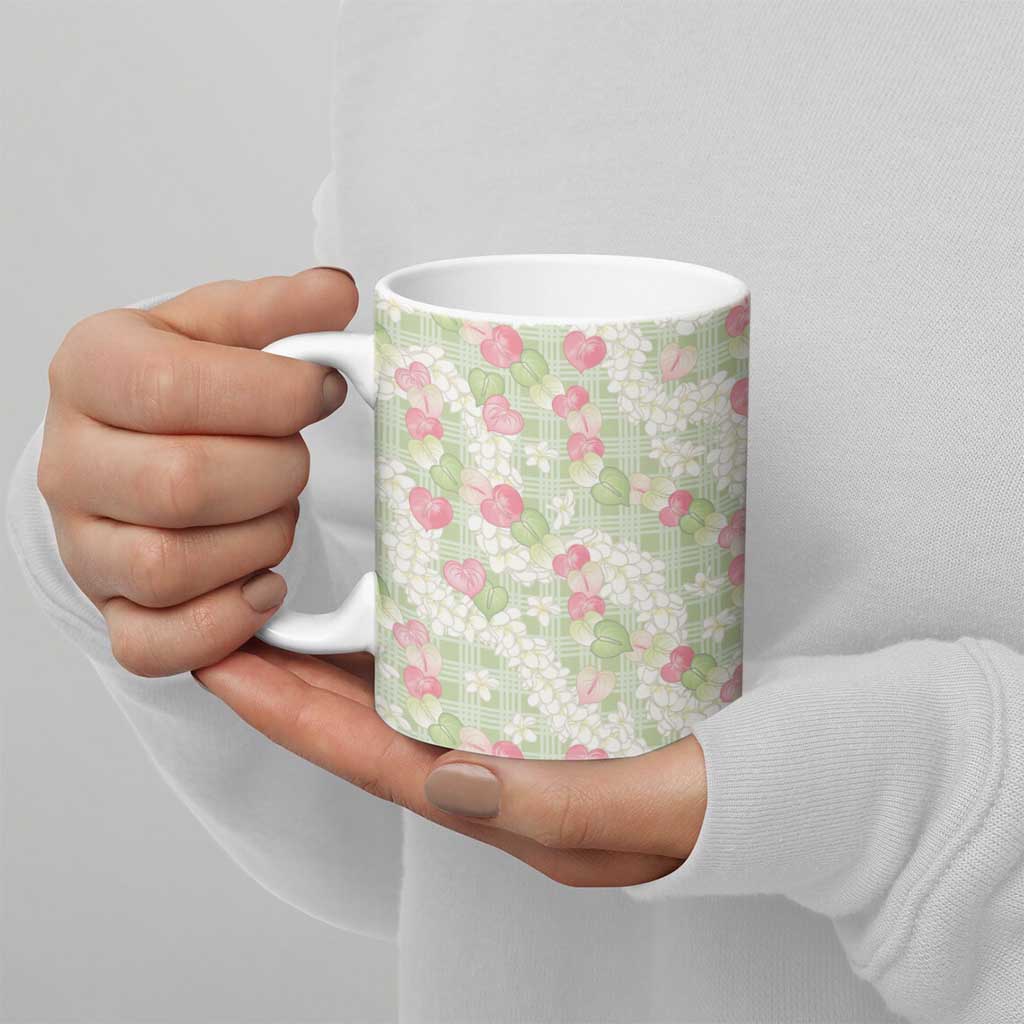 Anthurium Plumeria Lei Pastel Ceramic Mug Green Hawaiian Splendid Palaka LT01 - Polynesian Pride