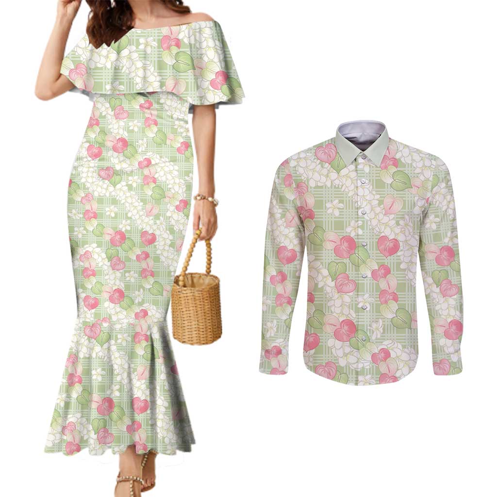 Anthurium Plumeria Lei Pastel Couples Matching Mermaid Dress and Long Sleeve Button Shirt Green Hawaiian Splendid Palaka
