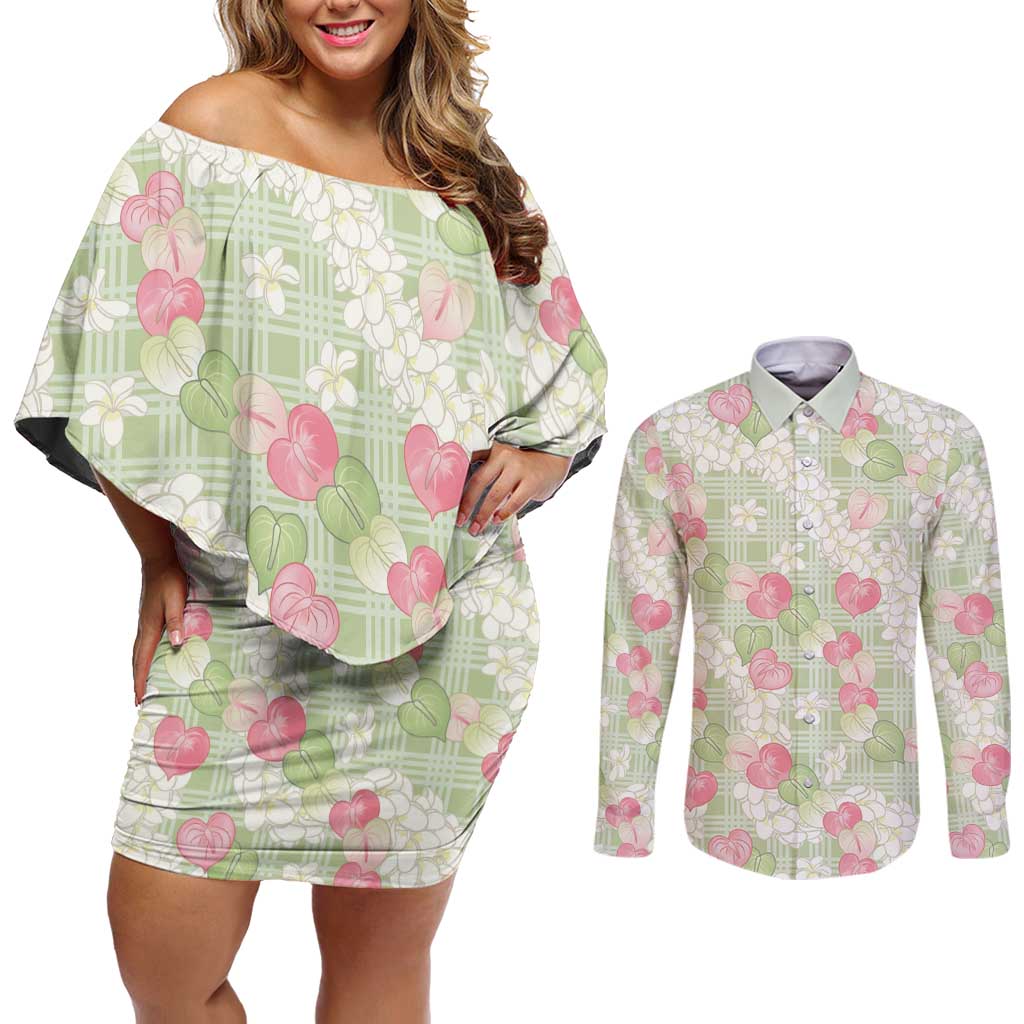Anthurium Plumeria Lei Pastel Couples Matching Off Shoulder Short Dress and Long Sleeve Button Shirt Green Hawaiian Splendid Palaka