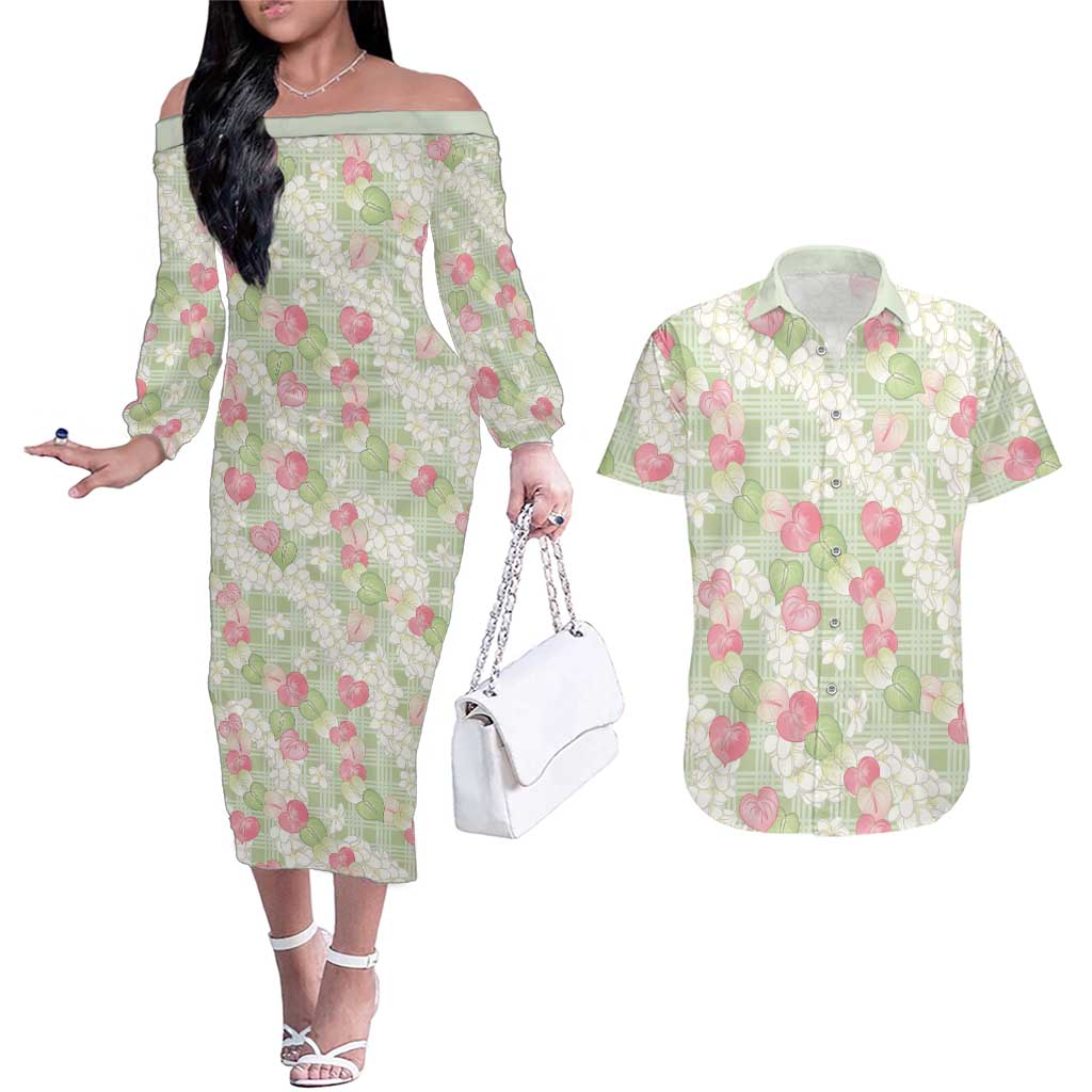 Anthurium Plumeria Lei Pastel Couples Matching Off The Shoulder Long Sleeve Dress and Hawaiian Shirt Green Hawaiian Splendid Palaka