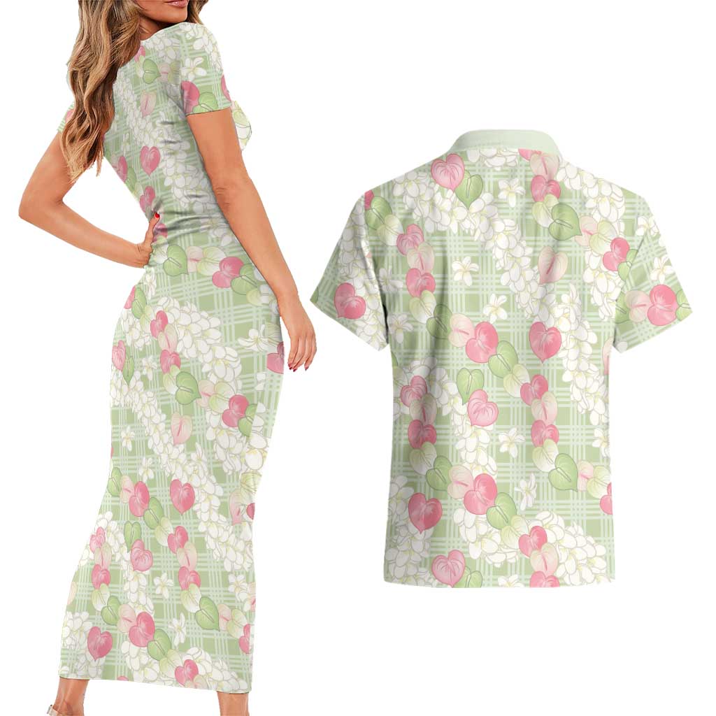 Anthurium Plumeria Lei Pastel Couples Matching Short Sleeve Bodycon Dress and Hawaiian Shirt Green Hawaiian Splendid Palaka