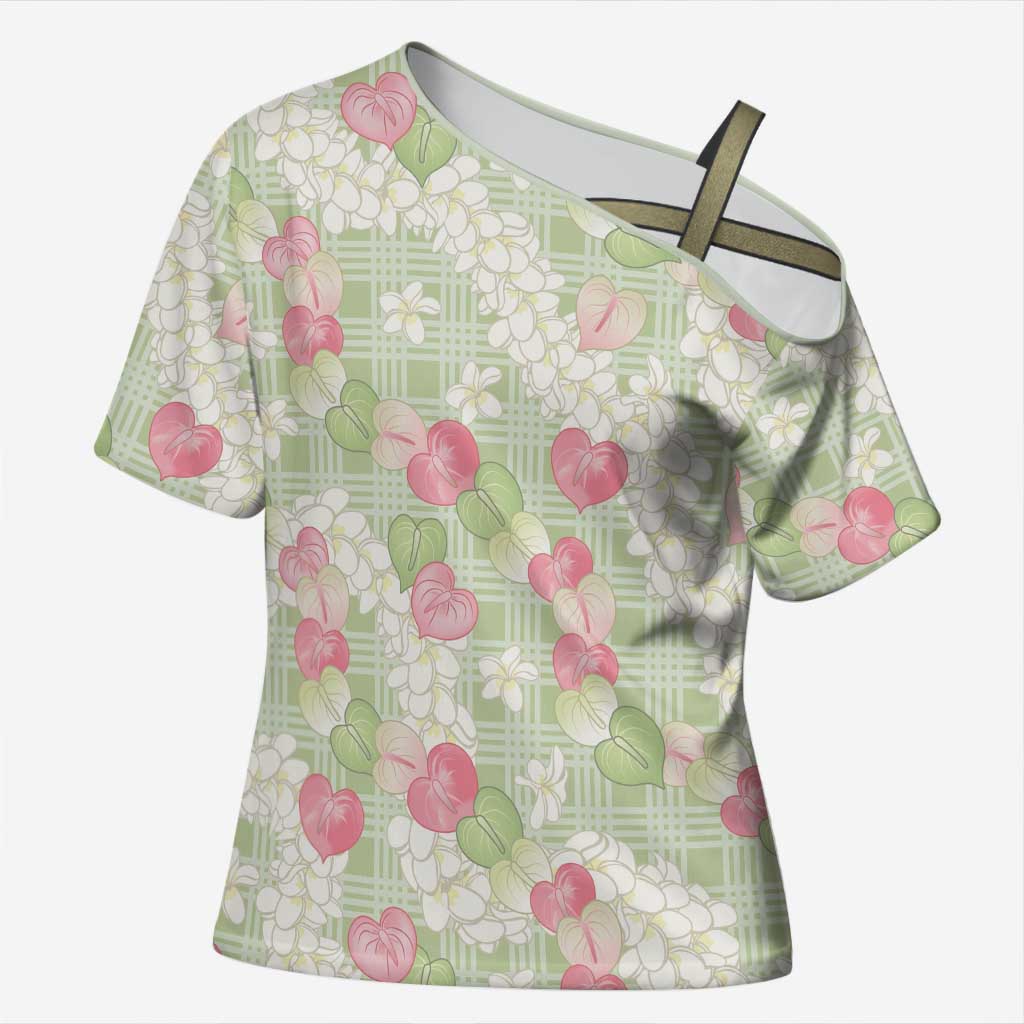 Anthurium Plumeria Lei Pastel Cross Shoulder Shirt Green Hawaiian Splendid Palaka LT01 Female Green - Polynesian Pride