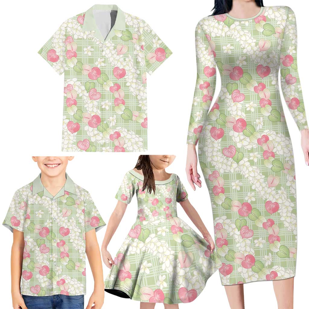 Anthurium Plumeria Lei Pastel Family Matching Long Sleeve Bodycon Dress and Hawaiian Shirt Green Hawaiian Splendid Palaka
