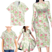 Anthurium Plumeria Lei Pastel Family Matching Long Sleeve Bodycon Dress and Hawaiian Shirt Green Hawaiian Splendid Palaka
