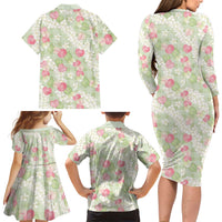 Anthurium Plumeria Lei Pastel Family Matching Long Sleeve Bodycon Dress and Hawaiian Shirt Green Hawaiian Splendid Palaka