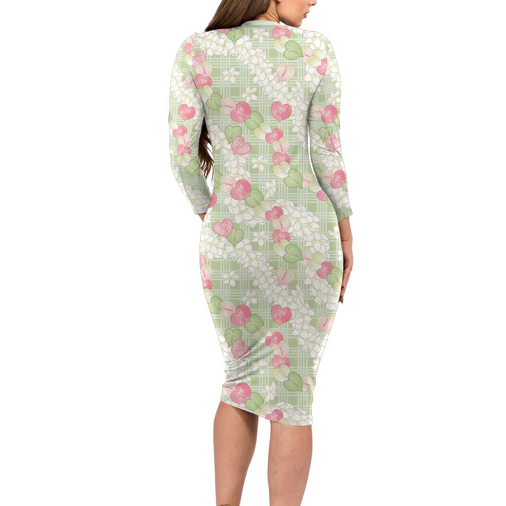Anthurium Plumeria Lei Pastel Family Matching Long Sleeve Bodycon Dress and Hawaiian Shirt Green Hawaiian Splendid Palaka