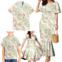Anthurium Plumeria Lei Pastel Family Matching Mermaid Dress and Hawaiian Shirt Green Hawaiian Splendid Palaka