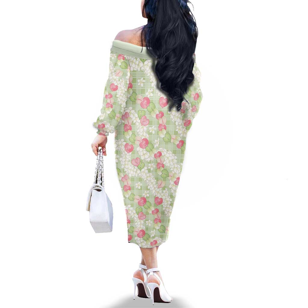Anthurium Plumeria Lei Pastel Family Matching Off The Shoulder Long Sleeve Dress and Hawaiian Shirt Green Hawaiian Splendid Palaka