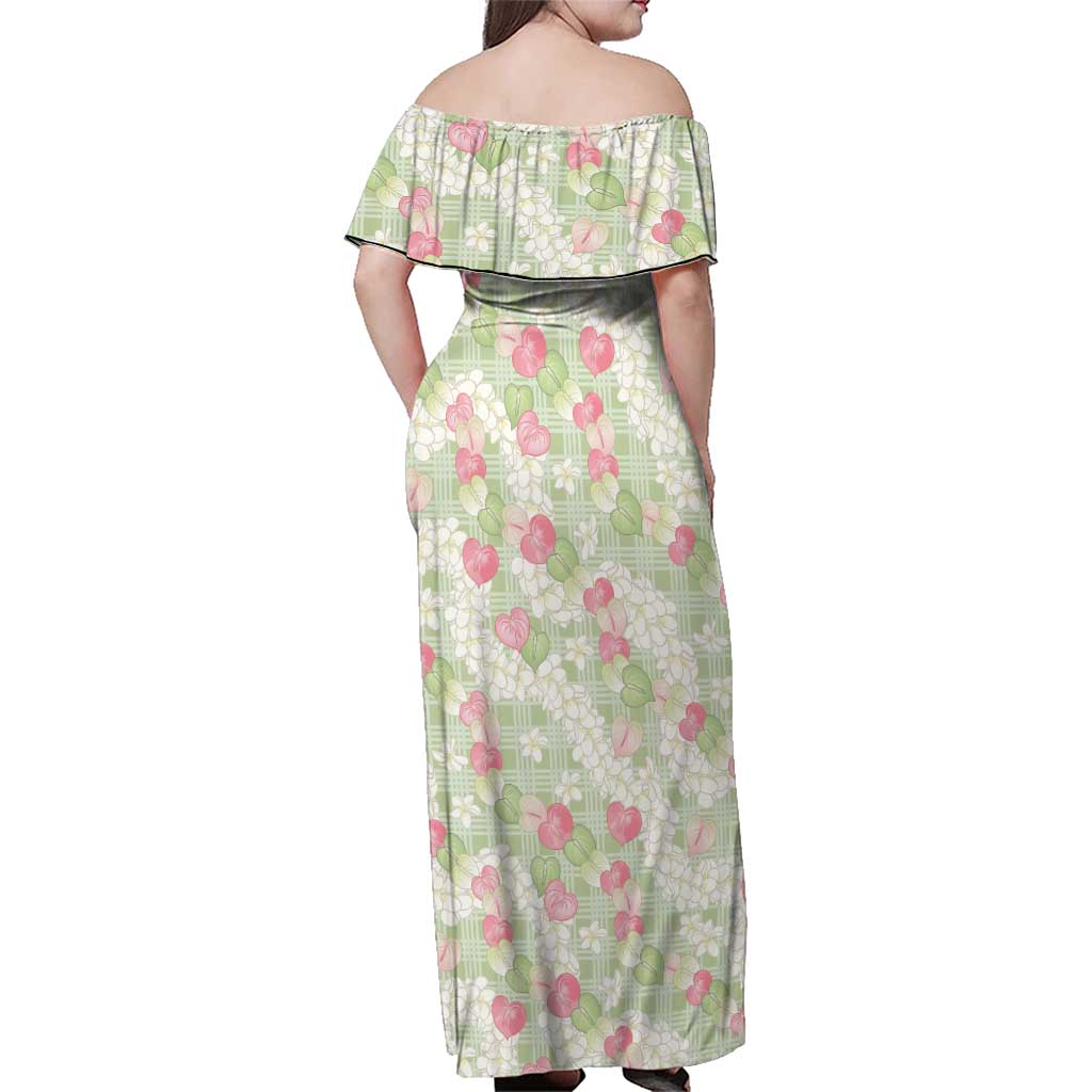 Anthurium Plumeria Lei Pastel Family Matching Off Shoulder Maxi Dress and Hawaiian Shirt Green Hawaiian Splendid Palaka