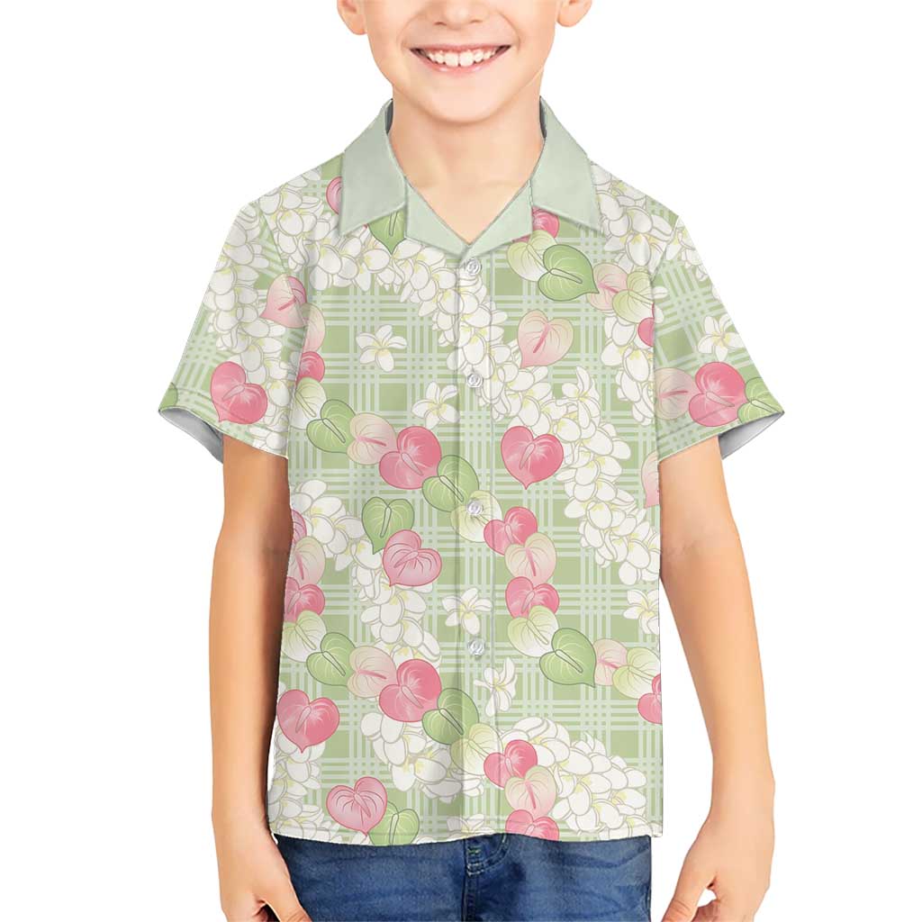 Anthurium Plumeria Lei Pastel Family Matching Off Shoulder Maxi Dress and Hawaiian Shirt Green Hawaiian Splendid Palaka