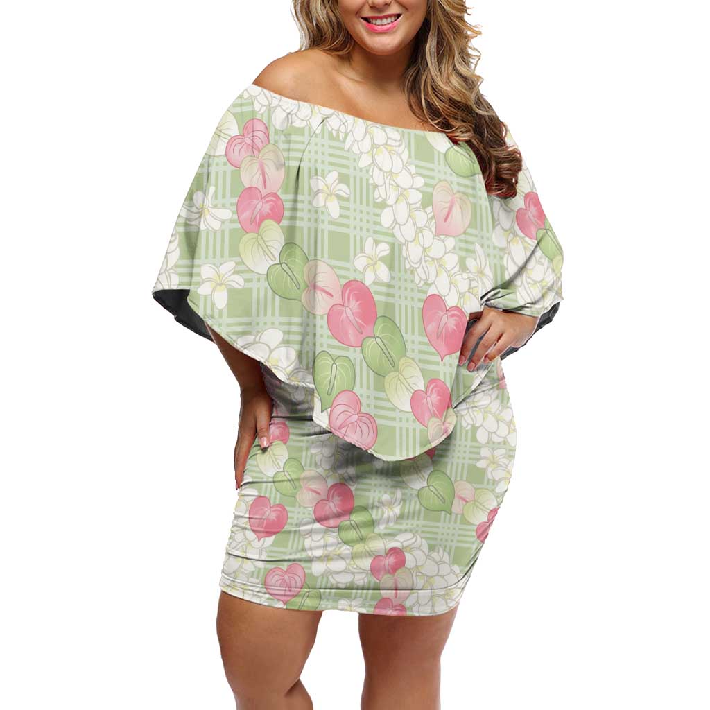 Anthurium Plumeria Lei Pastel Family Matching Off Shoulder Short Dress and Hawaiian Shirt Green Hawaiian Splendid Palaka