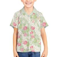 Anthurium Plumeria Lei Pastel Family Matching Off Shoulder Short Dress and Hawaiian Shirt Green Hawaiian Splendid Palaka