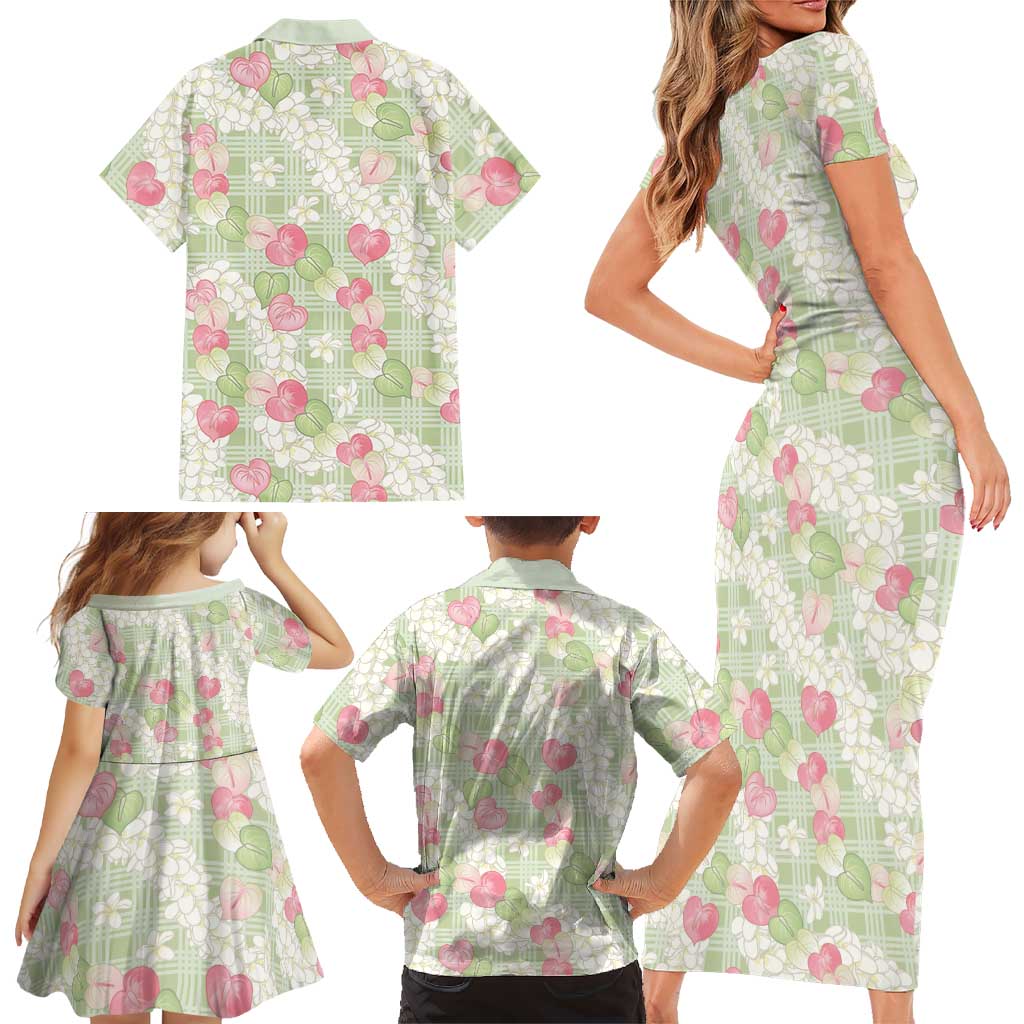 Anthurium Plumeria Lei Pastel Family Matching Short Sleeve Bodycon Dress and Hawaiian Shirt Green Hawaiian Splendid Palaka
