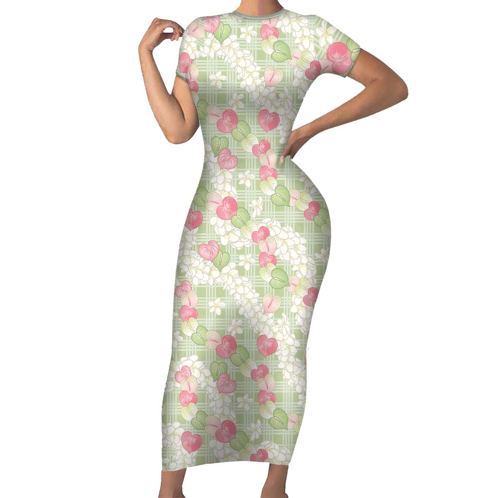 Anthurium Plumeria Lei Pastel Family Matching Short Sleeve Bodycon Dress and Hawaiian Shirt Green Hawaiian Splendid Palaka