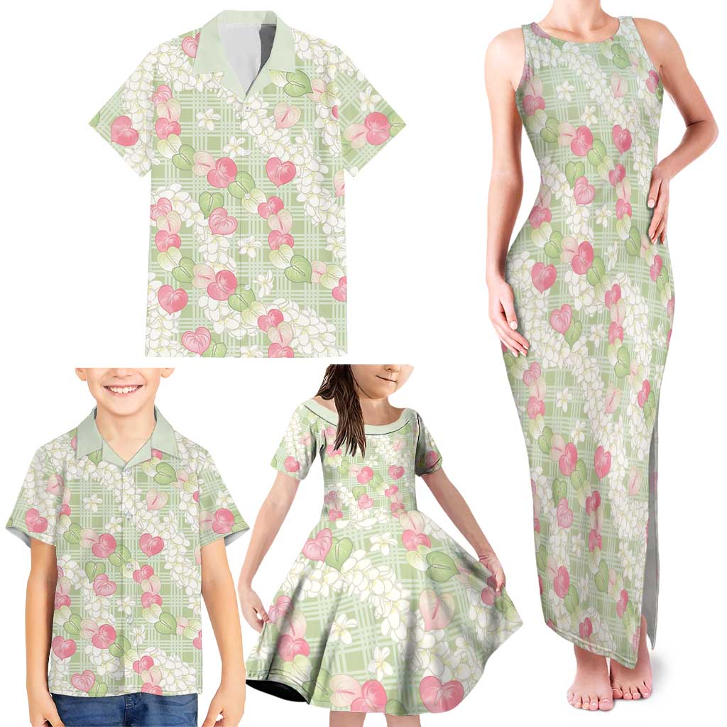 Anthurium Plumeria Lei Pastel Family Matching Tank Maxi Dress and Hawaiian Shirt Green Hawaiian Splendid Palaka