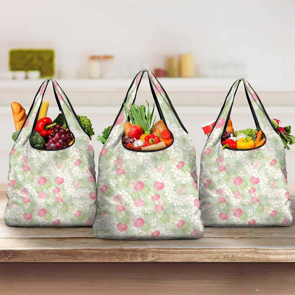 Anthurium Plumeria Lei Pastel Grocery Bag Green Hawaiian Splendid Palaka LT01 3-pack One Size Green - Polynesian Pride