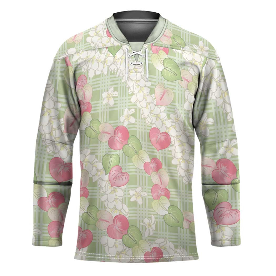 Anthurium Plumeria Lei Pastel Hockey Jersey Green Hawaiian Splendid Palaka LT01 Unisex Green - Polynesian Pride