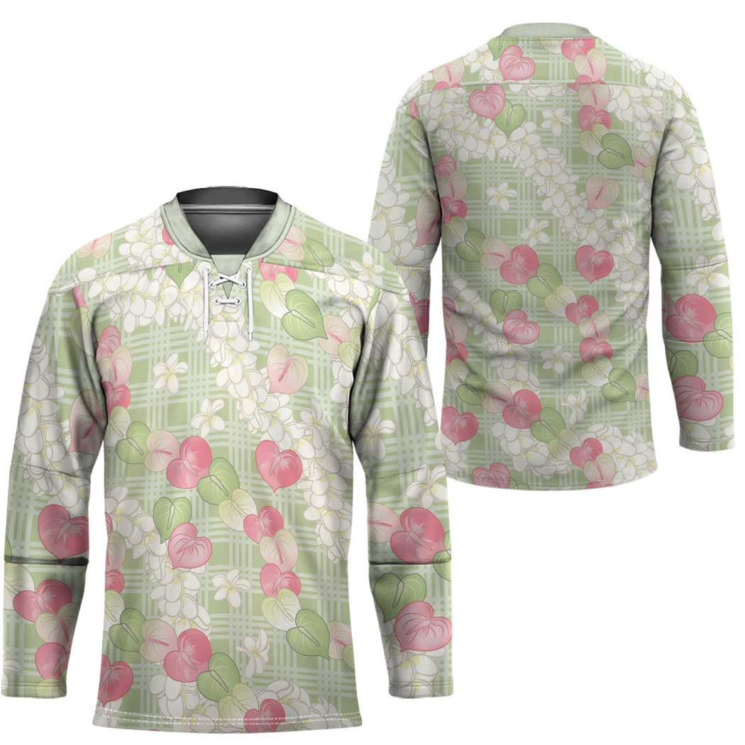 Anthurium Plumeria Lei Pastel Hockey Jersey Green Hawaiian Splendid Palaka LT01 - Polynesian Pride