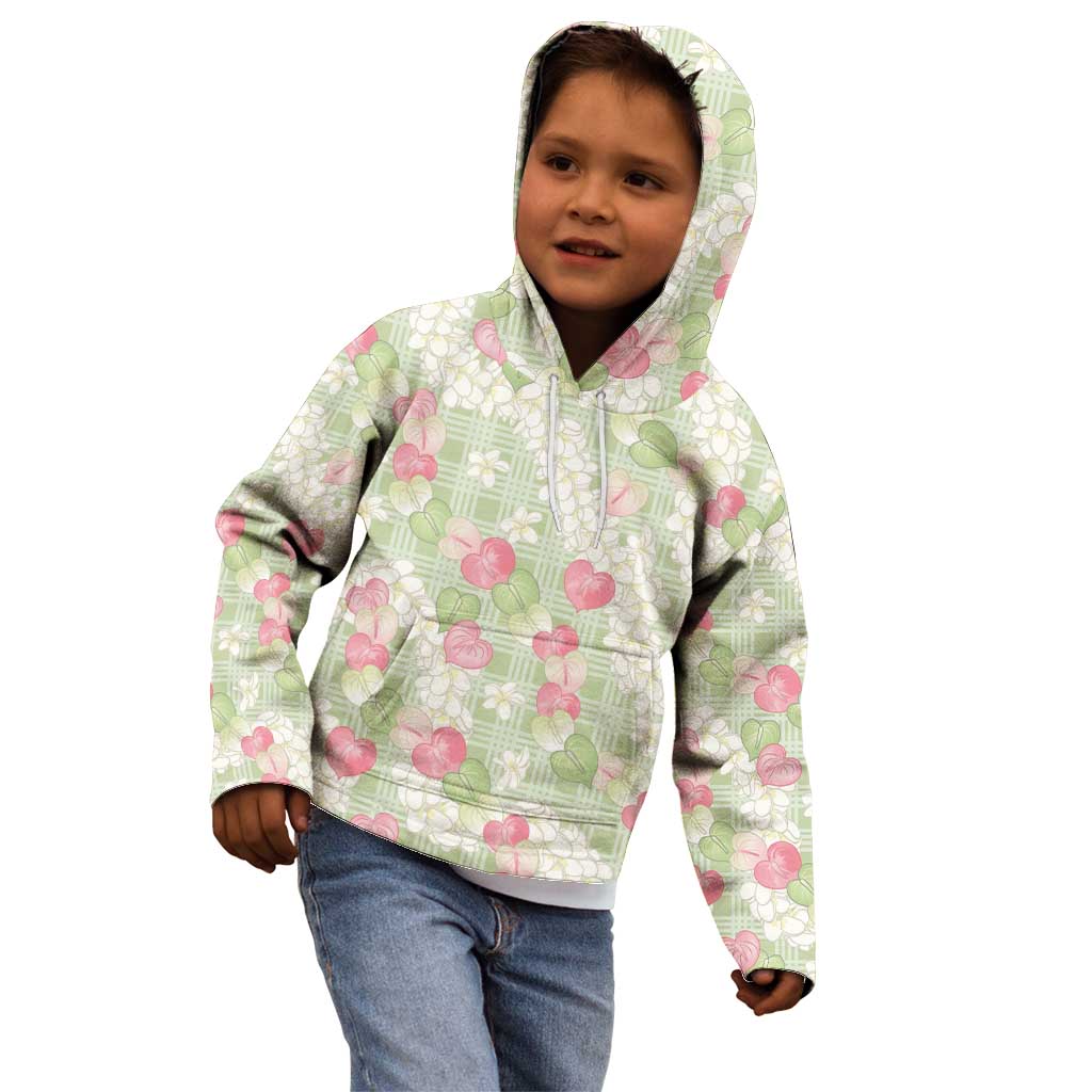 Anthurium Plumeria Lei Pastel Kid Hoodie Green Hawaiian Splendid Palaka LT01 - Polynesian Pride