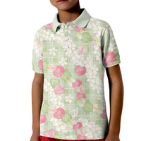 Anthurium Plumeria Lei Pastel Kid Polo Shirt Green Hawaiian Splendid Palaka LT01 Kid Green - Polynesian Pride