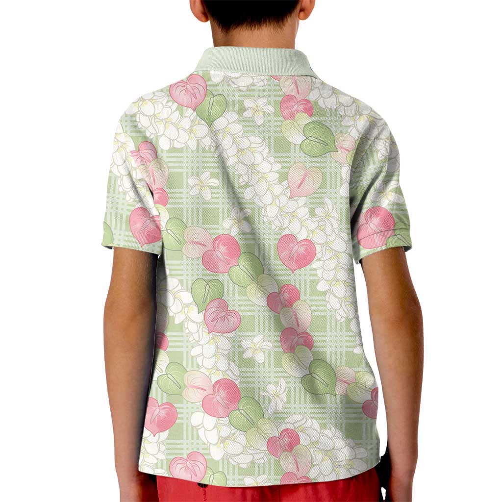 Anthurium Plumeria Lei Pastel Kid Polo Shirt Green Hawaiian Splendid Palaka LT01 - Polynesian Pride