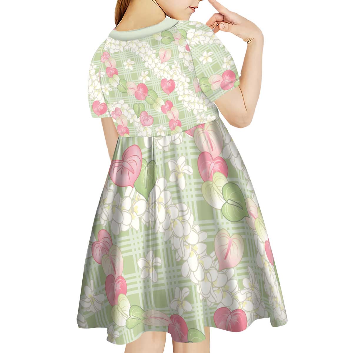 Anthurium Plumeria Lei Pastel Kid Short Sleeve Dress Green Hawaiian Splendid Palaka LT01 - Polynesian Pride