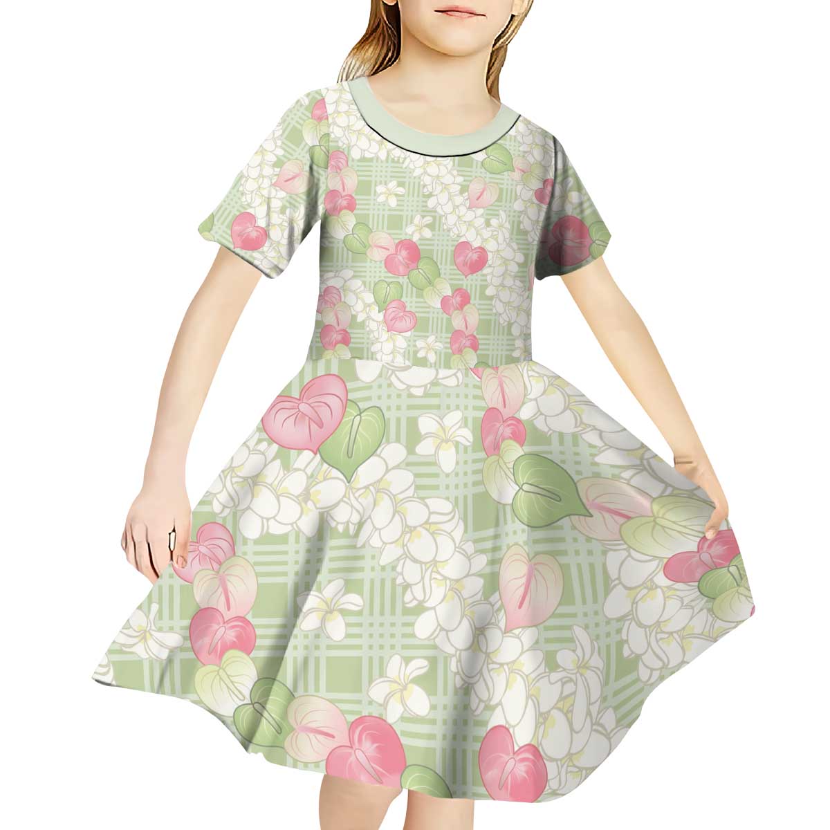 Anthurium Plumeria Lei Pastel Kid Short Sleeve Dress Green Hawaiian Splendid Palaka LT01 - Polynesian Pride