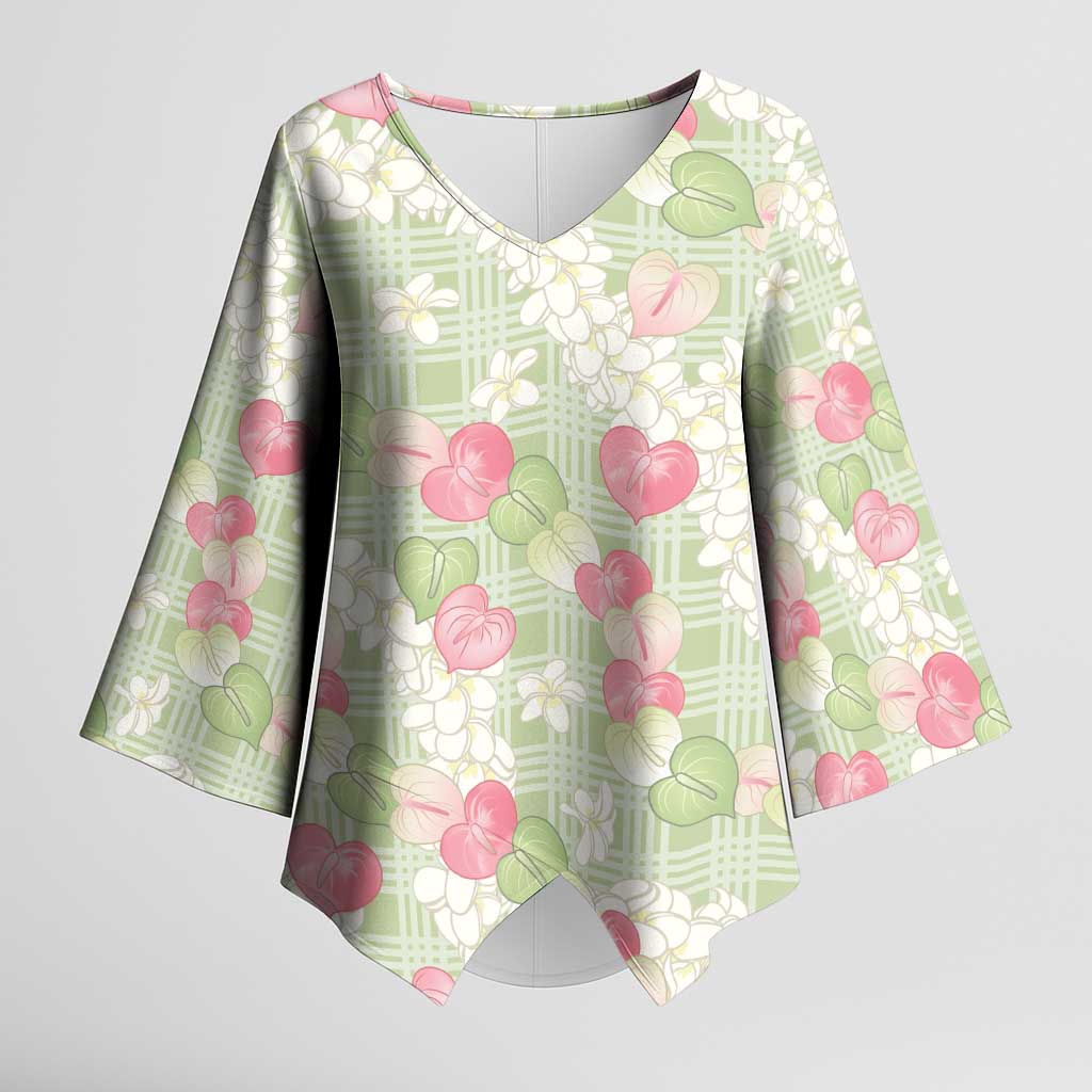 Anthurium Plumeria Lei Pastel Kimono Sleeve Blouse Green Hawaiian Splendid Palaka LT01 Female Green - Polynesian Pride