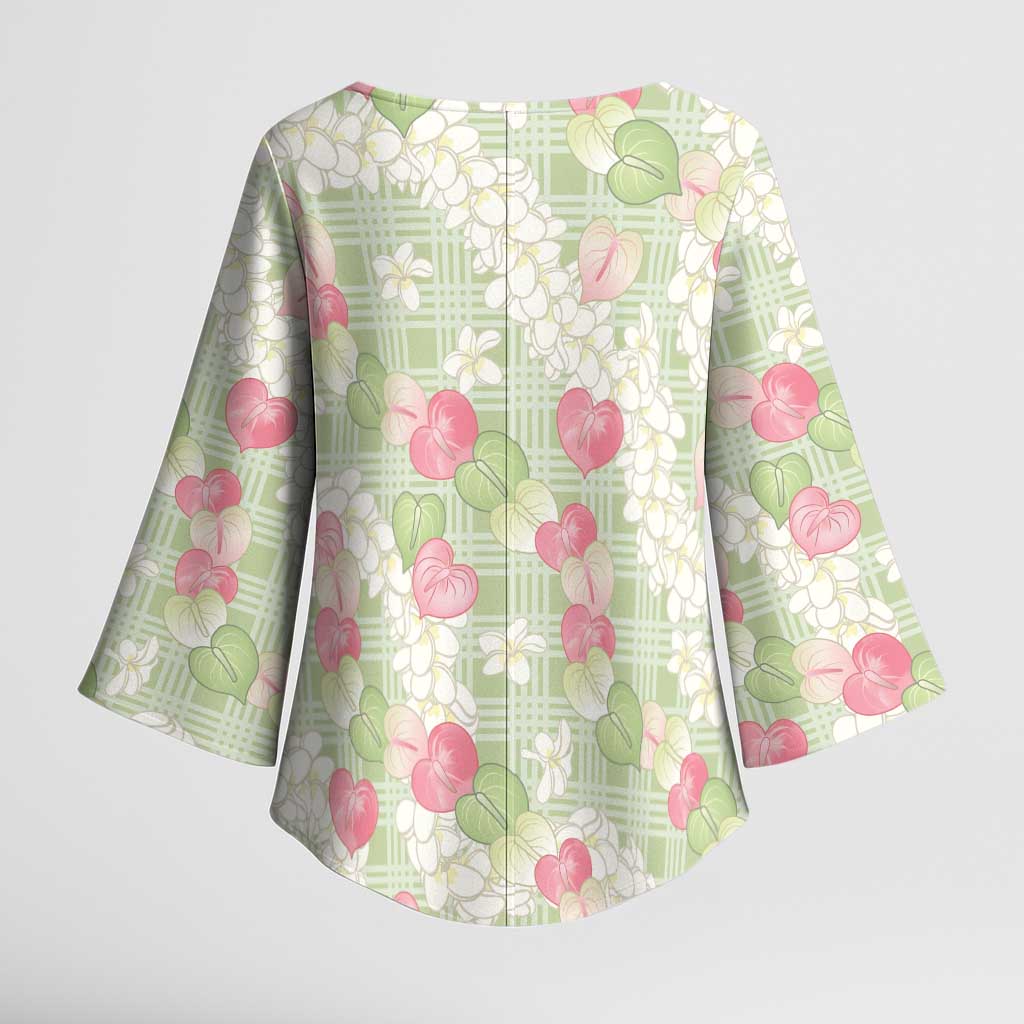 Anthurium Plumeria Lei Pastel Kimono Sleeve Blouse Green Hawaiian Splendid Palaka LT01 - Polynesian Pride
