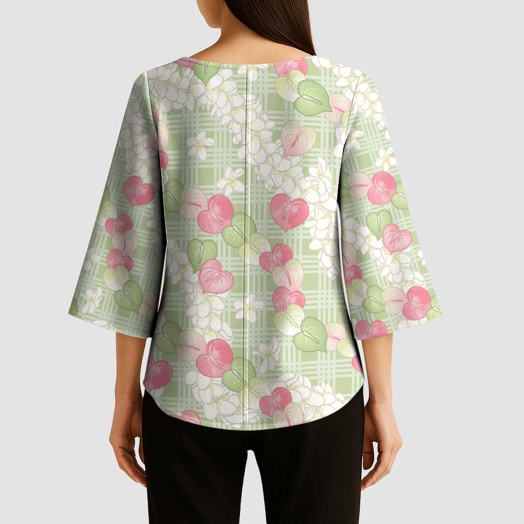 Anthurium Plumeria Lei Pastel Kimono Sleeve Blouse Green Hawaiian Splendid Palaka LT01 - Polynesian Pride