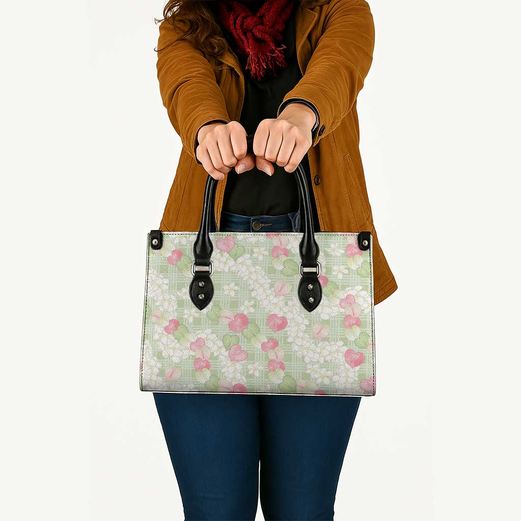 Anthurium Plumeria Lei Pastel Leather Bag Green Hawaiian Splendid Palaka LT01 - Polynesian Pride
