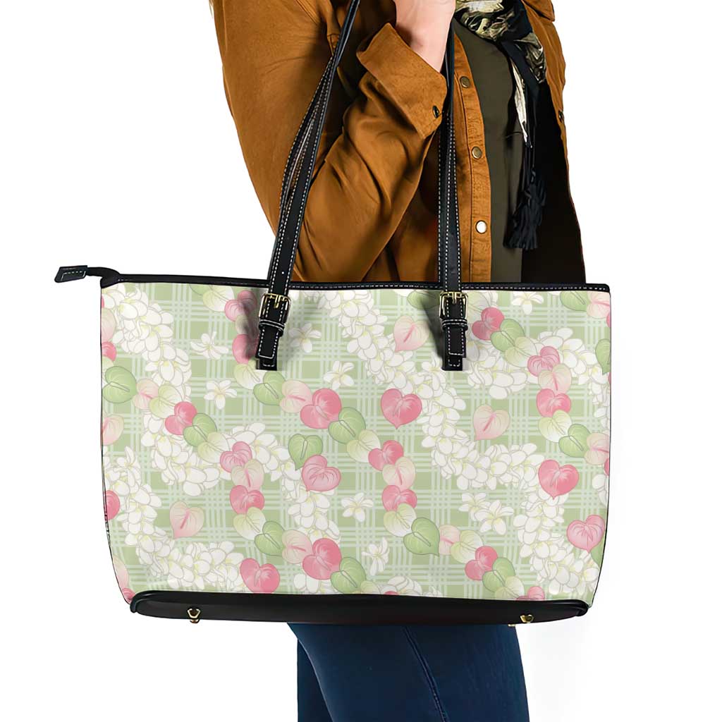 Anthurium Plumeria Lei Pastel Leather Tote Bag Green Hawaiian Splendid Palaka LT01 - Polynesian Pride