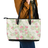 Anthurium Plumeria Lei Pastel Leather Tote Bag Green Hawaiian Splendid Palaka LT01 - Polynesian Pride