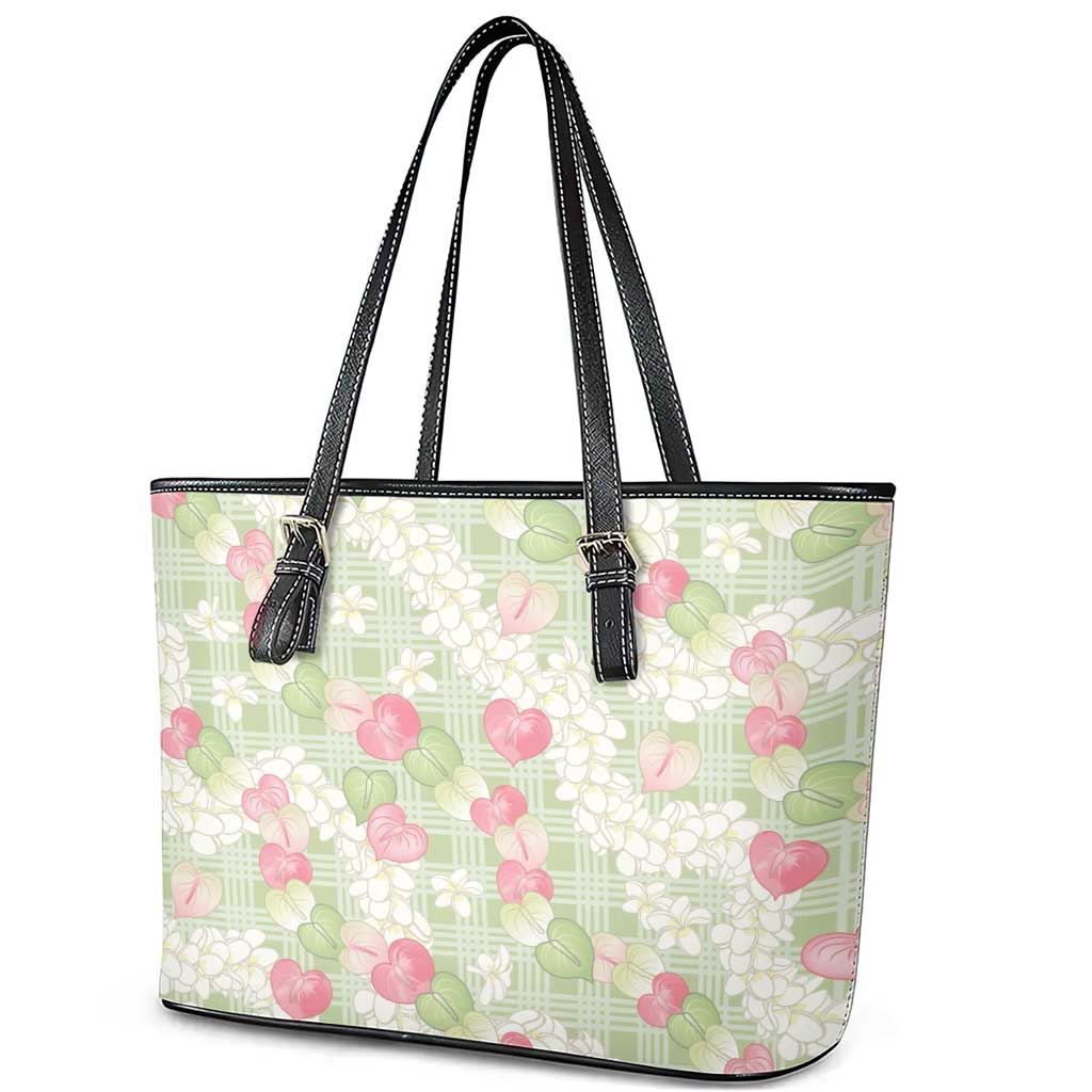 Anthurium Plumeria Lei Pastel Leather Tote Bag Green Hawaiian Splendid Palaka LT01 - Polynesian Pride