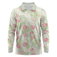 Anthurium Plumeria Lei Pastel Long Sleeve Polo Shirt Green Hawaiian Splendid Palaka LT01 Green - Polynesian Pride