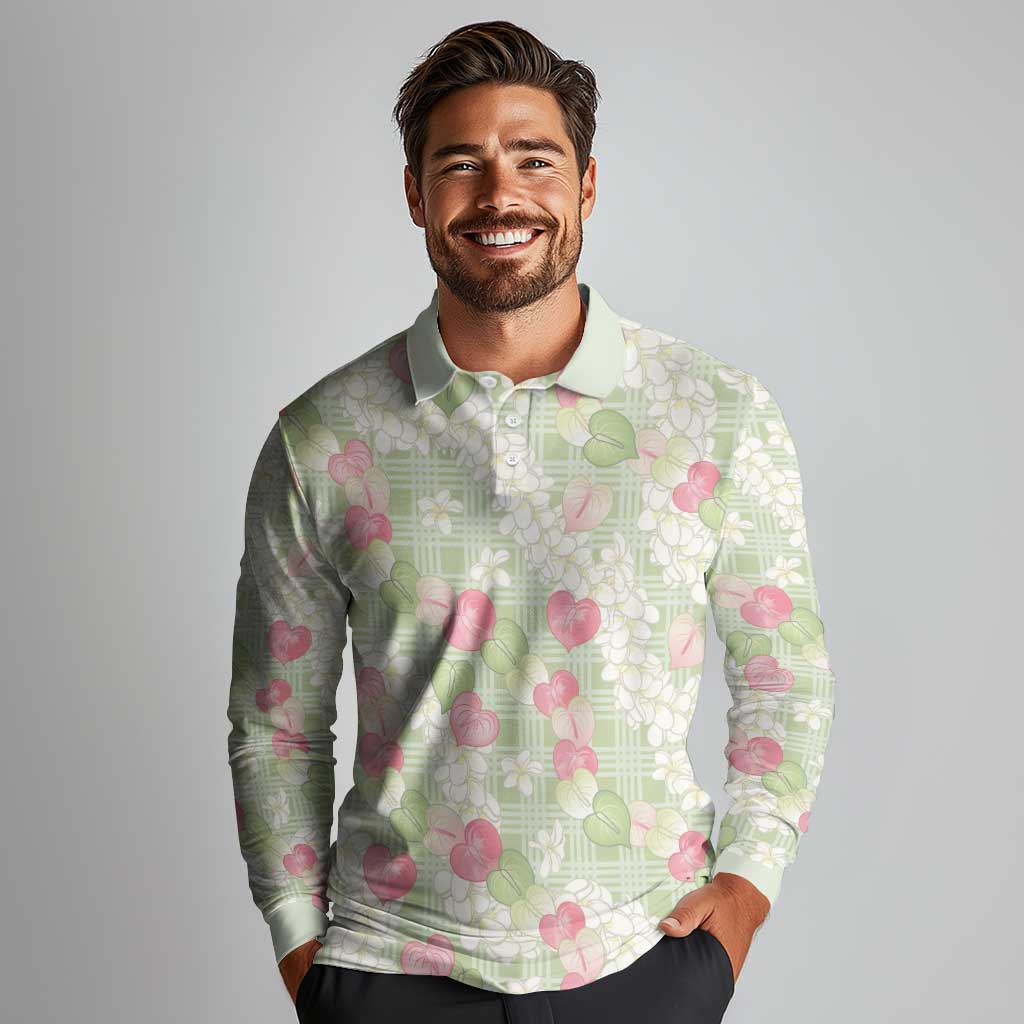 Anthurium Plumeria Lei Pastel Long Sleeve Polo Shirt Green Hawaiian Splendid Palaka LT01 - Polynesian Pride