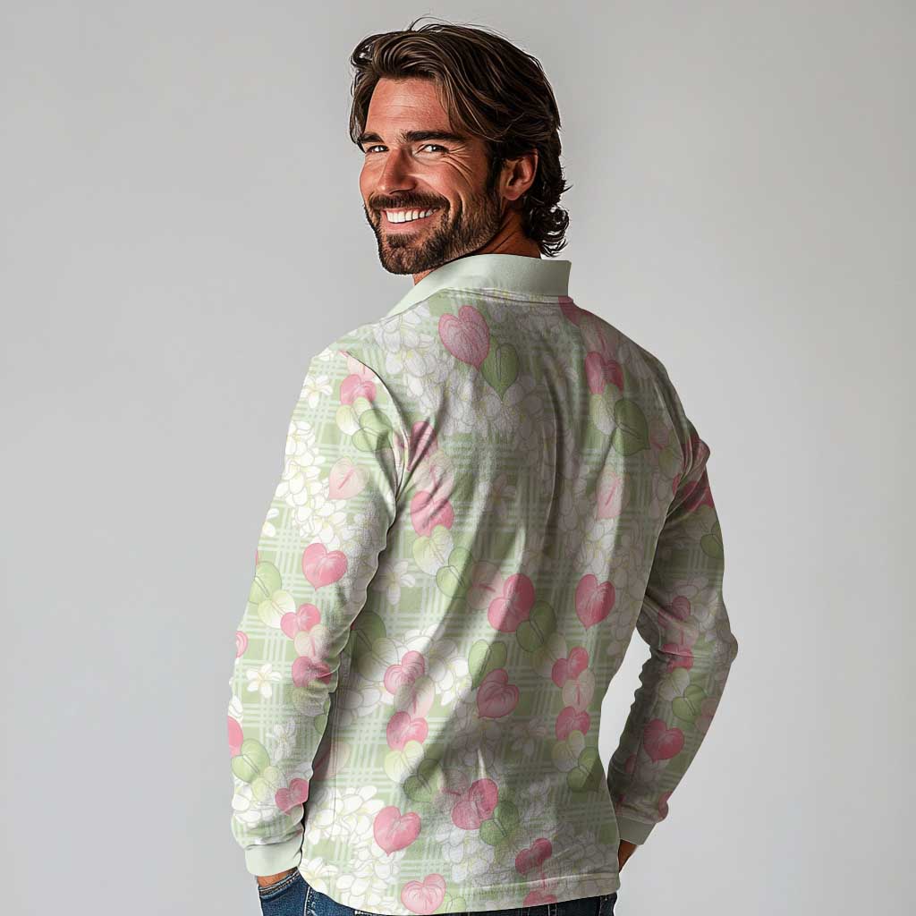 Anthurium Plumeria Lei Pastel Long Sleeve Polo Shirt Green Hawaiian Splendid Palaka LT01 - Polynesian Pride