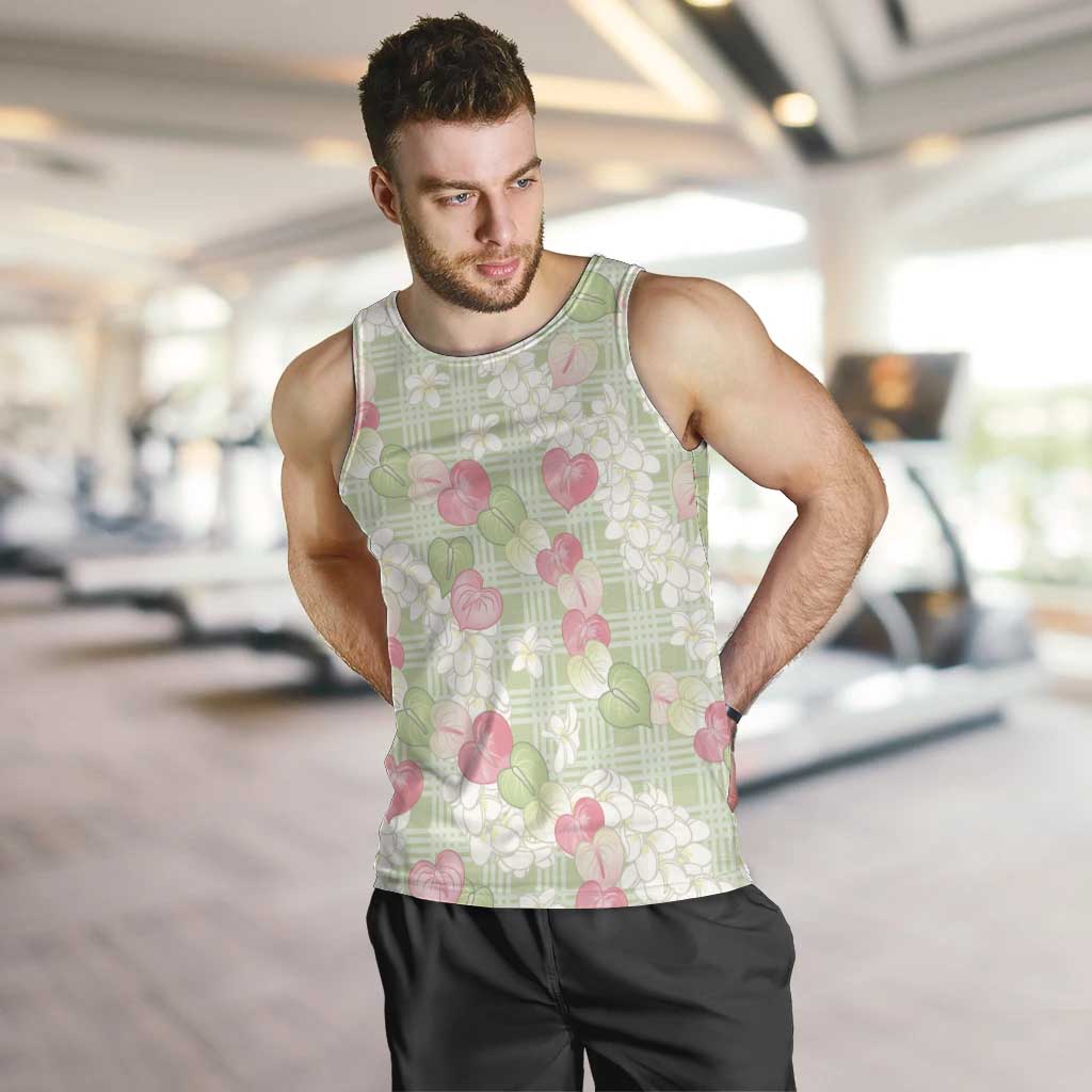 Anthurium Plumeria Lei Pastel Men Tank Top Green Hawaiian Splendid Palaka LT01 Green - Polynesian Pride