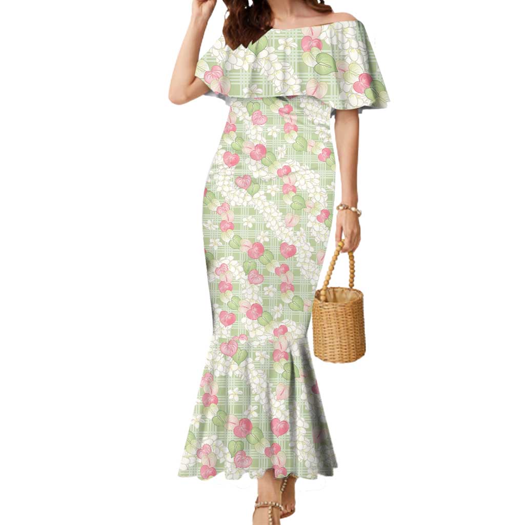 Anthurium Plumeria Lei Pastel Mermaid Dress Green Hawaiian Splendid Palaka LT01 Women Green - Polynesian Pride