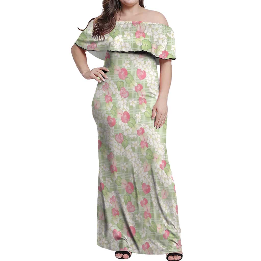 Anthurium Plumeria Lei Pastel Off Shoulder Maxi Dress Green Hawaiian Splendid Palaka LT01 Women Green - Polynesian Pride