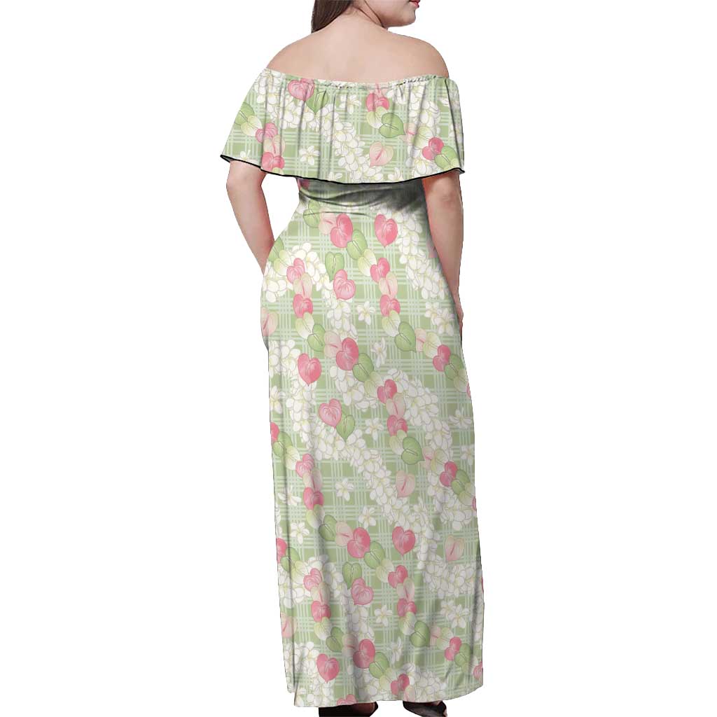 Anthurium Plumeria Lei Pastel Off Shoulder Maxi Dress Green Hawaiian Splendid Palaka LT01 - Polynesian Pride