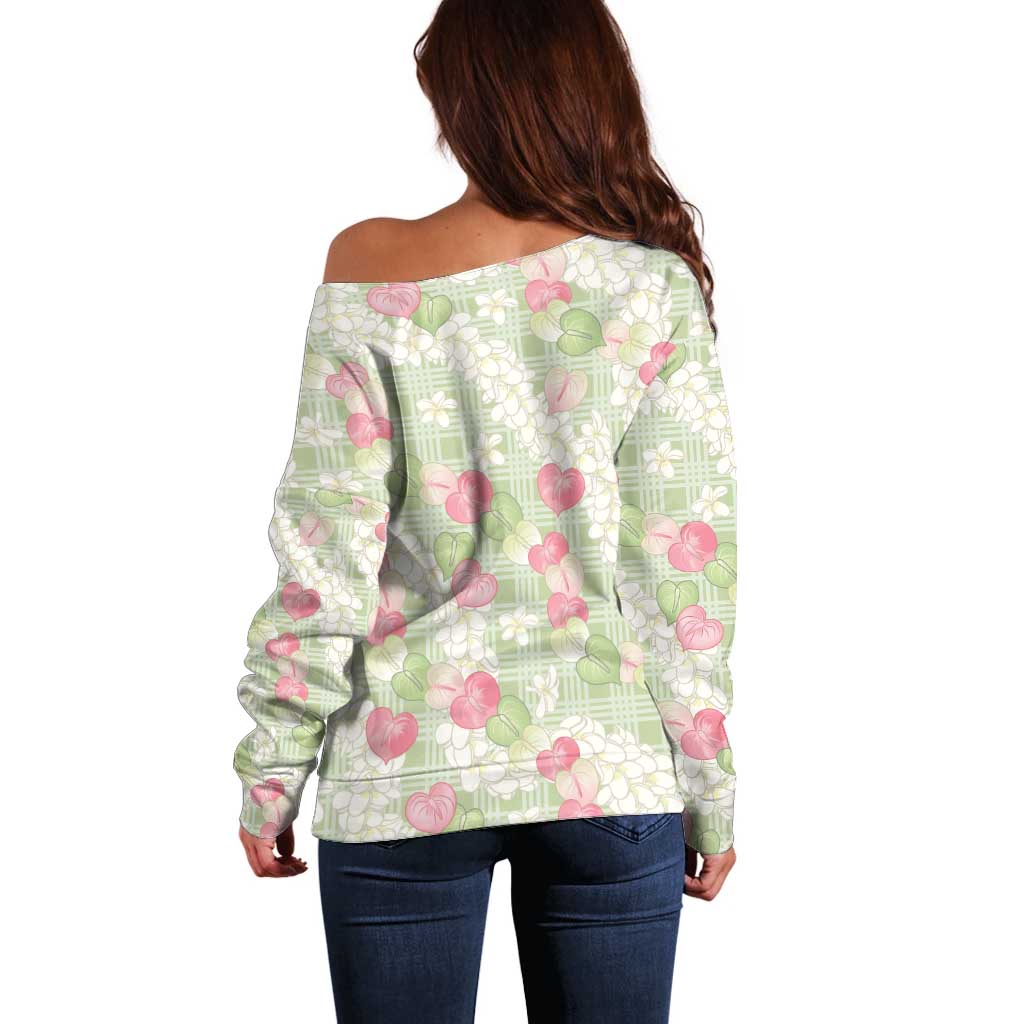 Anthurium Plumeria Lei Pastel Off Shoulder Sweater Green Hawaiian Splendid Palaka LT01 - Polynesian Pride