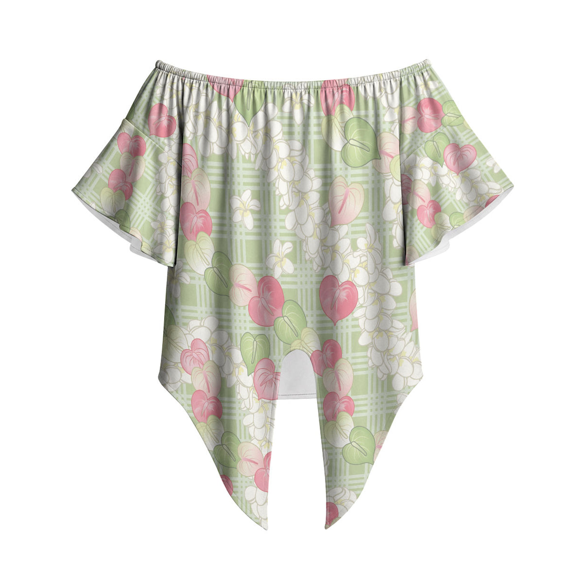 Anthurium Plumeria Lei Pastel Off Shoulder Wrap Waist Top Green Hawaiian Splendid Palaka LT01 Green - Polynesian Pride