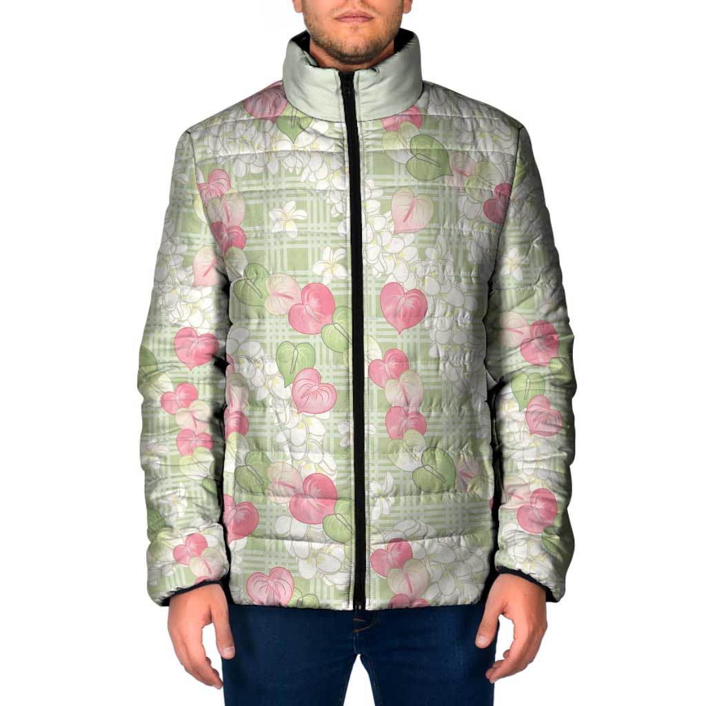 Anthurium Plumeria Lei Pastel Padded Jacket Green Hawaiian Splendid Palaka