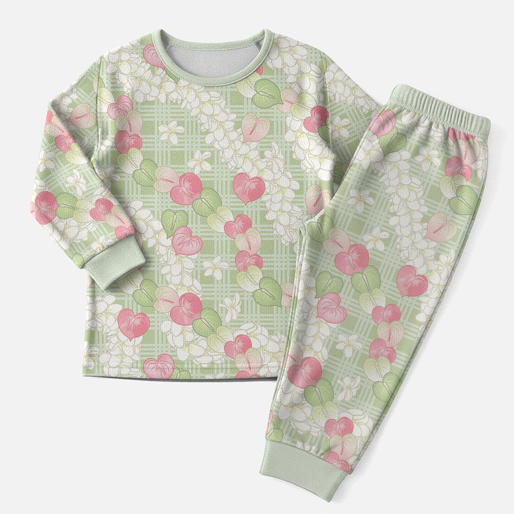 Anthurium Plumeria Lei Pastel Christmas Pajama Set Green Hawaiian Splendid Palaka