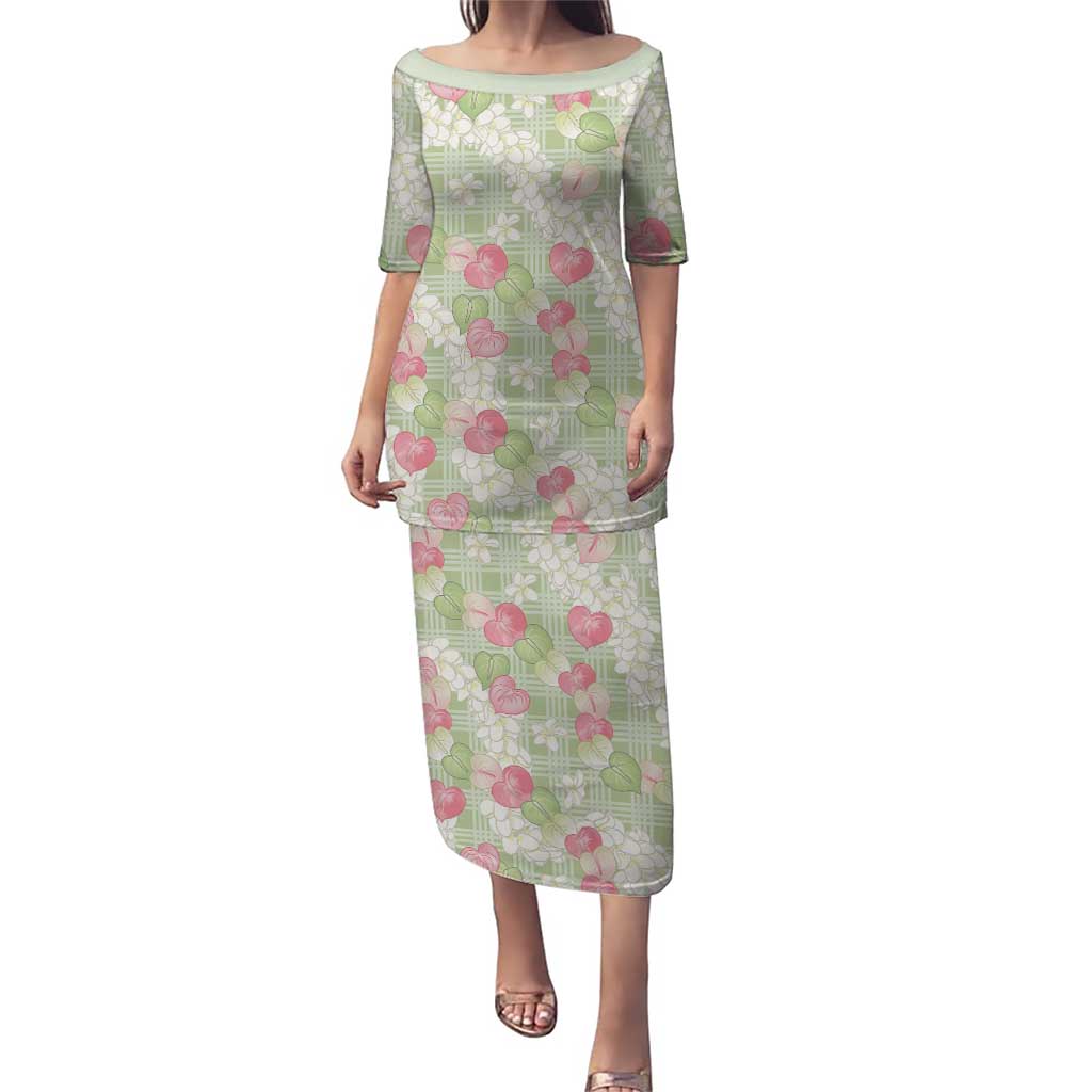 Anthurium Plumeria Lei Pastel Puletasi Green Hawaiian Splendid Palaka LT01 Long Dress Green - Polynesian Pride