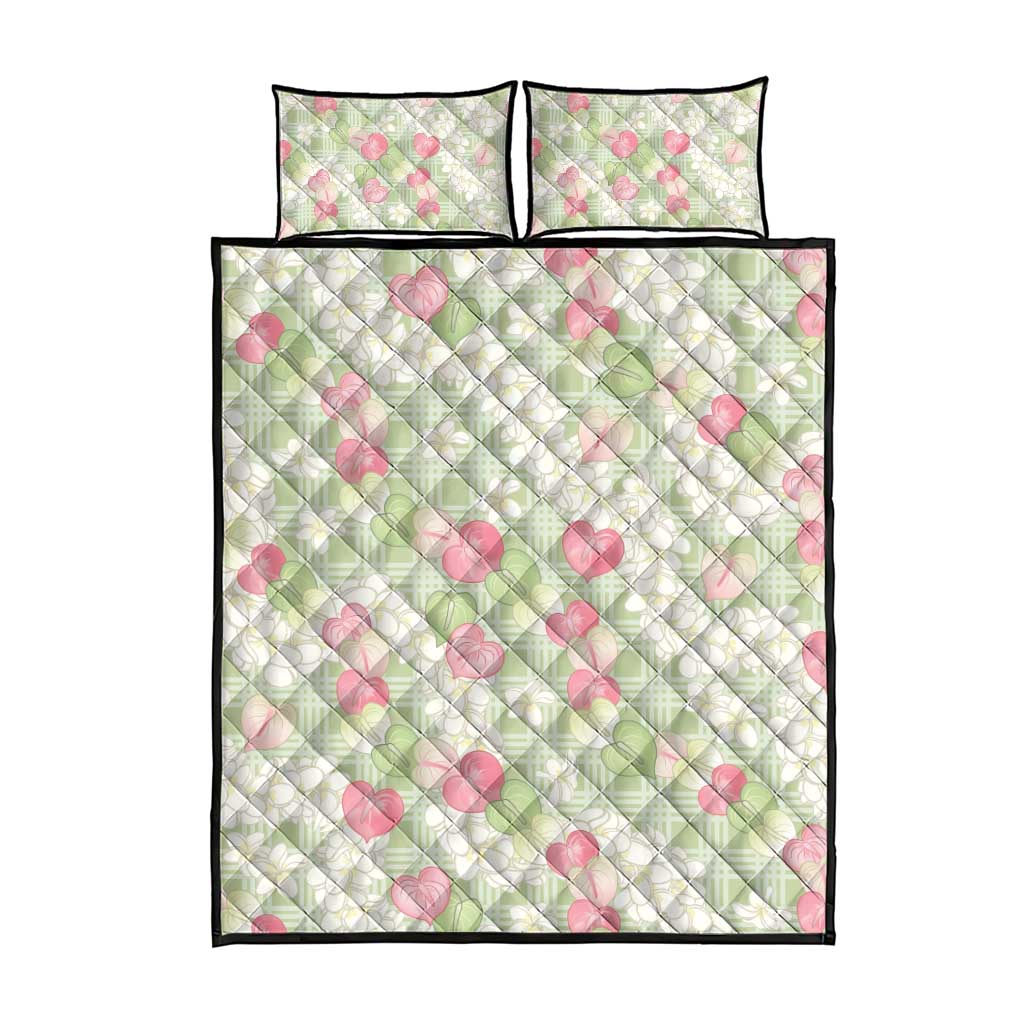 Anthurium Plumeria Lei Pastel Quilt Bed Set Green Hawaiian Splendid Palaka LT01 - Polynesian Pride