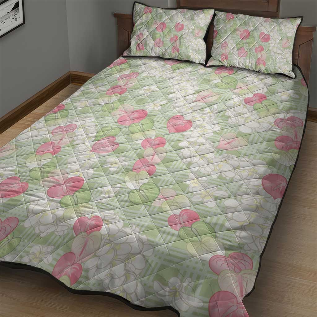 Anthurium Plumeria Lei Pastel Quilt Bed Set Green Hawaiian Splendid Palaka LT01 - Polynesian Pride